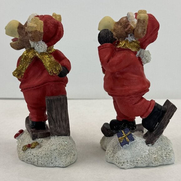 Vintage 2002 Santa Moose Figurines Set Of 2 Snowshoeing Christmas JTS Intl 5" - Picture 3 of 12